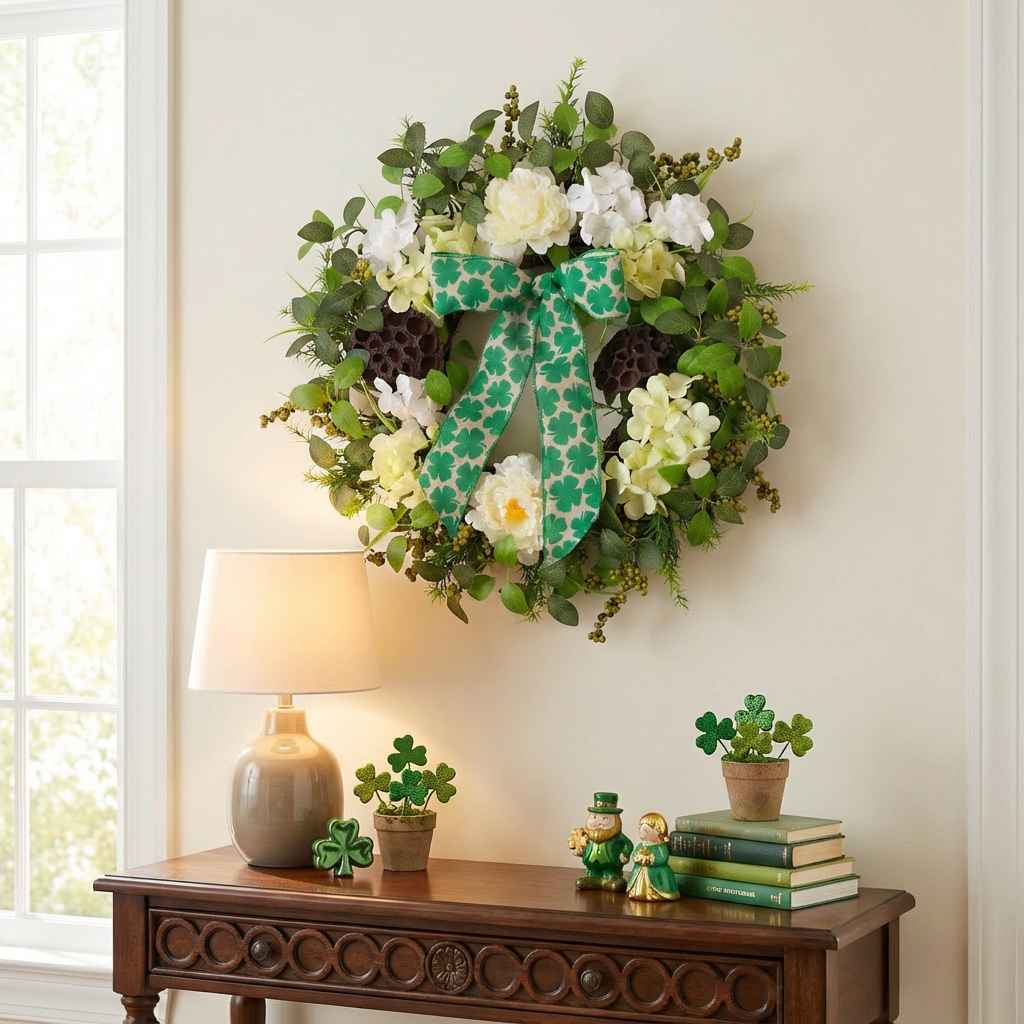 EGOLOT St Patrick's Day Wreath 22 Inch Handmade Wreath with White Flowers Green Leaves and Berries Festive St Patrick's Day Decoration Front Door Hanging Wreath Home Party Holiday Decor Handcrafted Floral Wreath