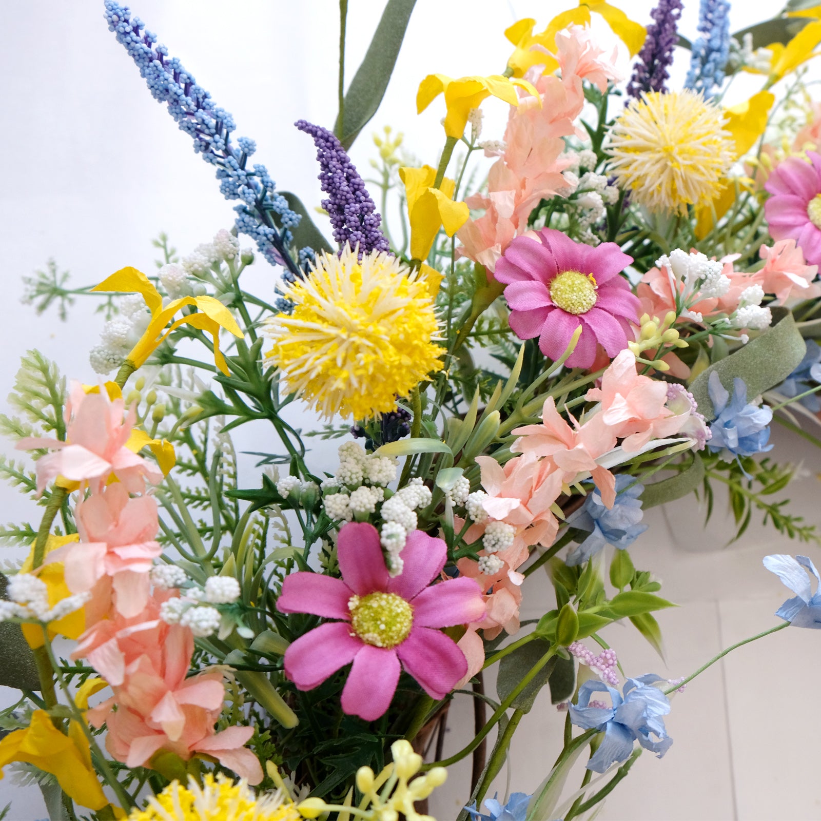 24 Inch Spring Summer Colorful Flower Wreath for Front Door, Forsythia Lavender Wild Flowers Wreath for Home Decor, Colorful Wild Flowers with Green Leaves Wreath for Everyday