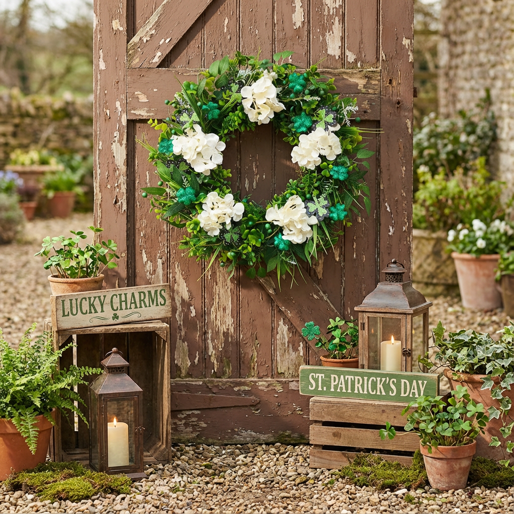 St Patrick's Day Hydrangea Wreath with Shamrock Accents Green Leaves for Front Door Indoor Outdoor Decor Festive Irish Holiday Wreath for St Patrick's Day Celebrations