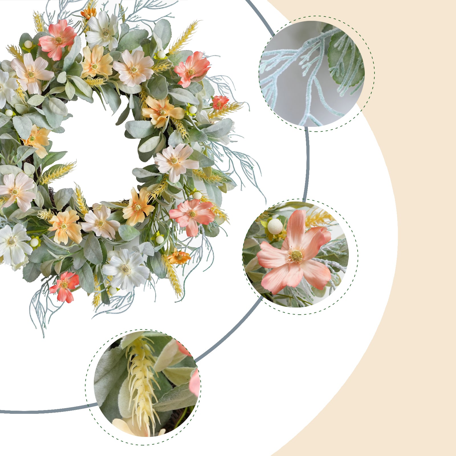 20 Inch Daisy Flowers Lamb Ears Leaves Wreath for Front Door, Summer Flower Wreath with Wheat for Indoor and Outdoor, Floral Wreath for Home Decor