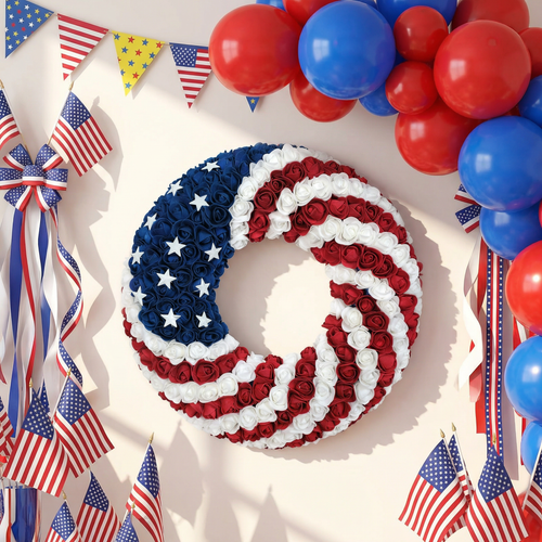 EGOLOT 18Inch Patriotic Roses Wreath 4th of July Summer Soft Touch Foam Roses Wreath for The Front Door Handcrafted Memorial Day Artificial Flowers for Indoor and Outdoor