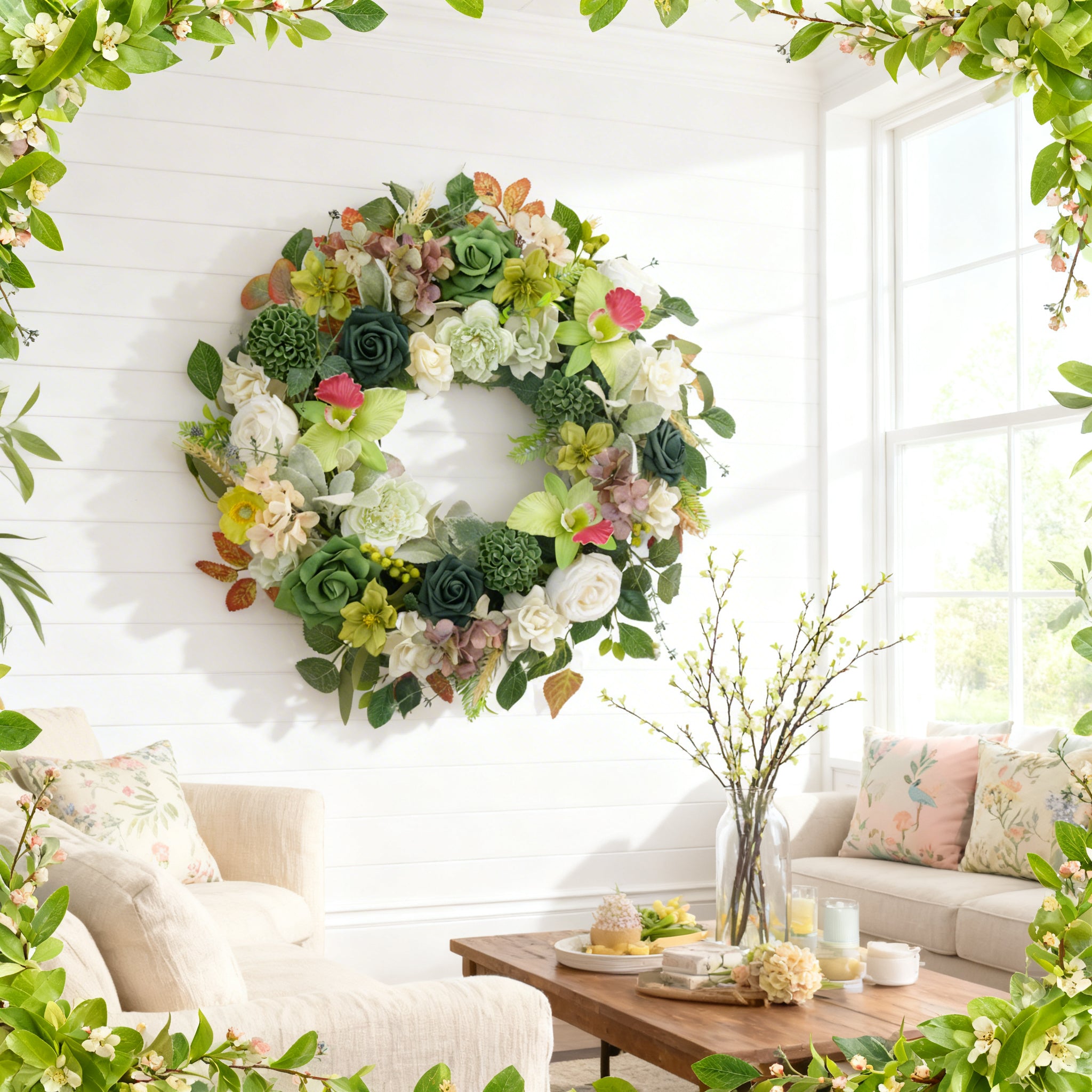 Egolot 22 Inch Green Orchid Spring Everyday Wreath for Front Door Indoor Outdoor Rustic Farmhouse Style Artificial Flowers and Foliage Decor Decoration peony