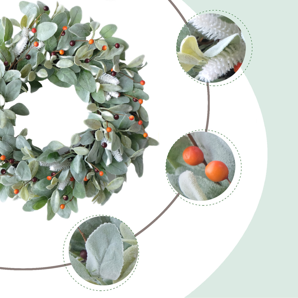 20 Inch Green Lamb Ear Leaves Wreath with Cute Orange Pip Berries for Front Door, All The Year Round and Fall Leaves Wreath for Indoor and Outdoor