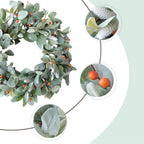 20 Inch Green Lamb Ear Leaves Wreath with Cute Orange Pip Berries for Front Door, All The Year Round and Fall Leaves Wreath for Indoor and Outdoor