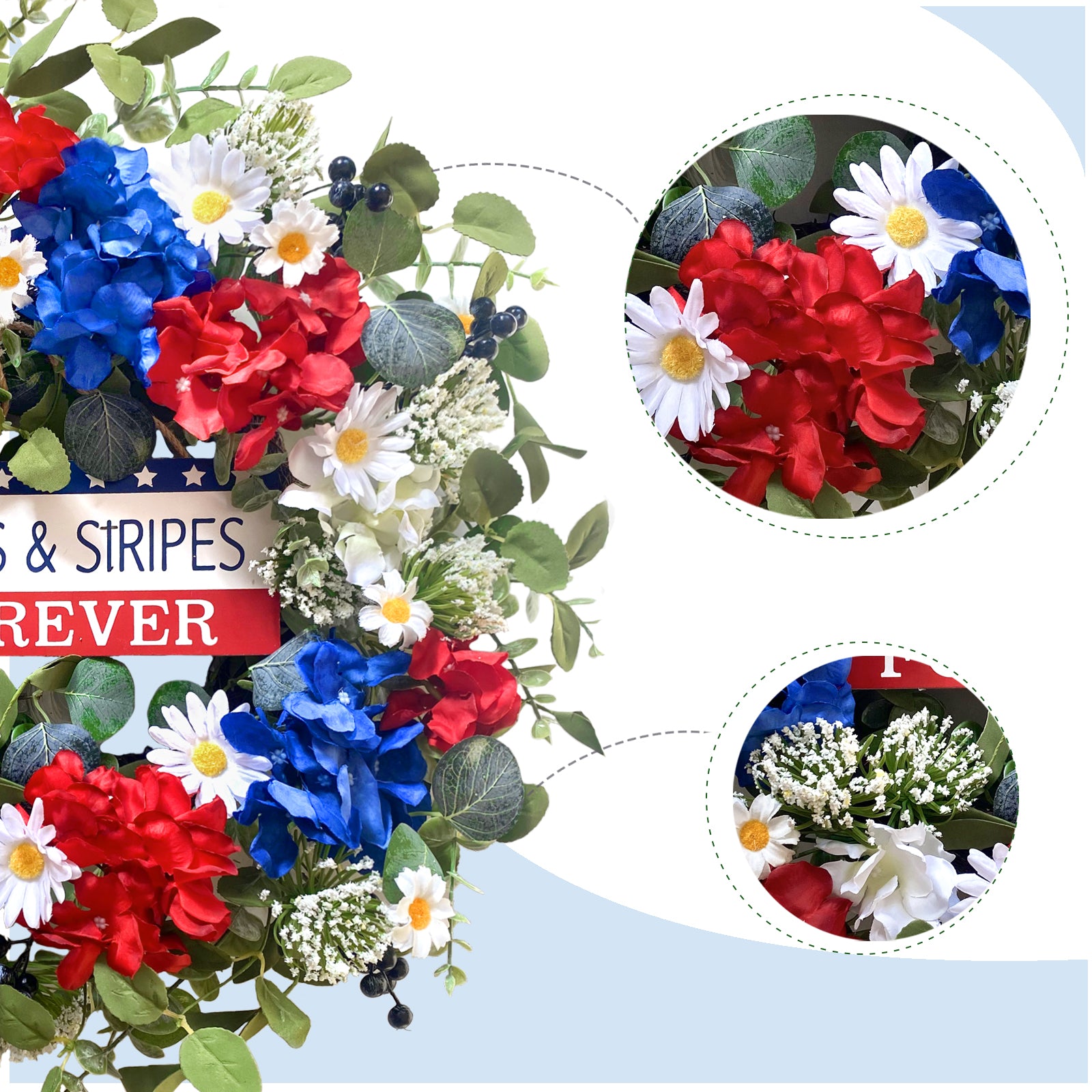 20 Inch Patriotic Red White Blue Flowers Wreath for Front Door, Forth of July Hydrangea Daisy Flower Wreath for Indoor and Outdoor, Memorial Day Independence Day Wreath