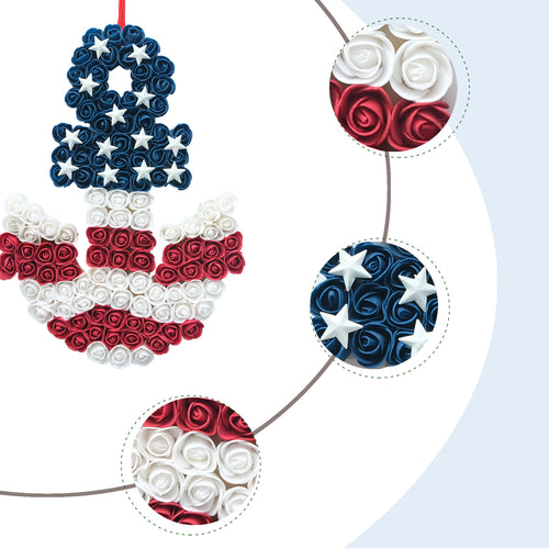 17 Inch Patriotic Red White Blue Anchor Soft Touch Roses Wreath for Front Door, Forth of July American Flag Color Soft Touch Floral Wreath for Indoor and Outdoor, Memorial Day Independence Day Wreath