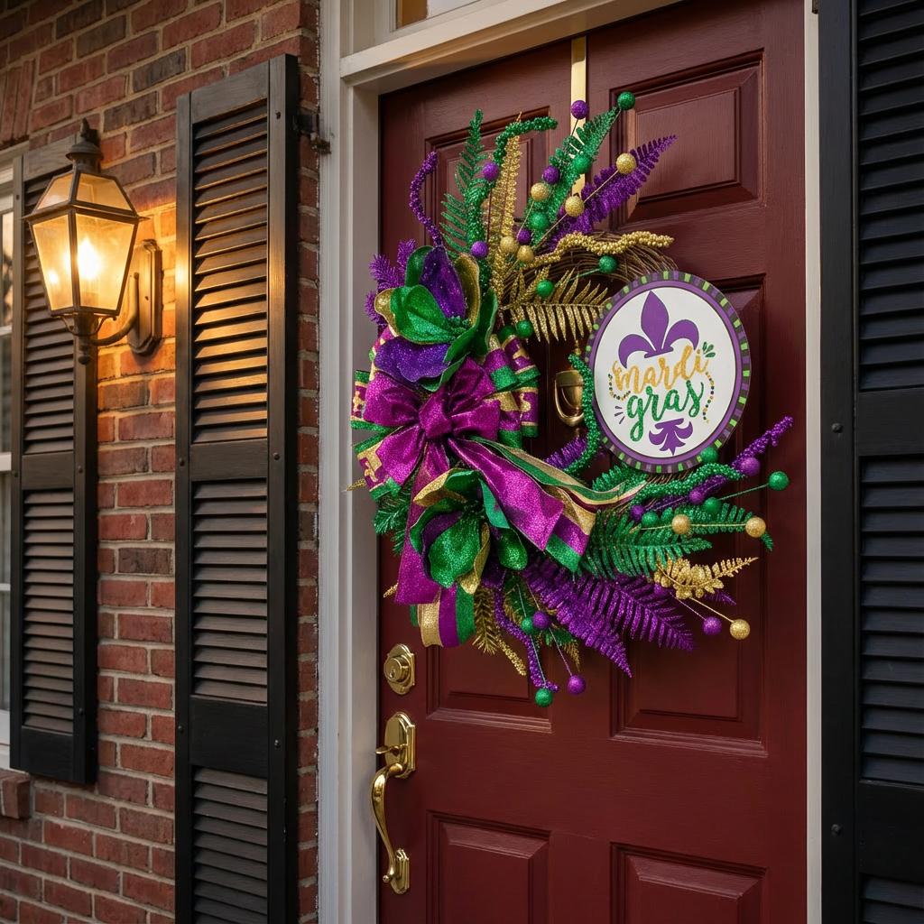 EGOLOT Mardi Gras Wreath Front Door Interior Decor Large Bows Round Wooden Board Carnival Home Decoration Festival Hanging Ornament Indoor Outdoor Decorative Wreath Carnival Party Decor Festive Door Hanging Wreath
