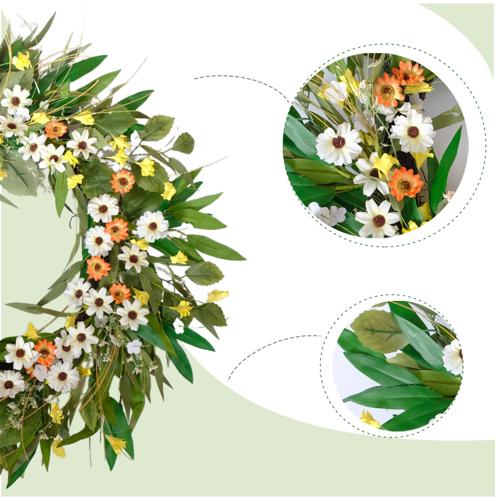 Egolot 24 Inch Greenery Wreath Eucalyptus Olive Leaves All Year Round Front Door Wall Home Decor with Vibrant Spring & Summer Floral Accents