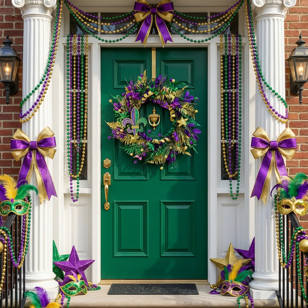 EGOLOT Mardi Gras Wreath Front Door Fireplace Decor Wooden Boards Gold Powder Embellishment Shiny Carnival Decoration Carnival Home Decor Festive Hanging Ornament Indoor Outdoor Glitter Wreath