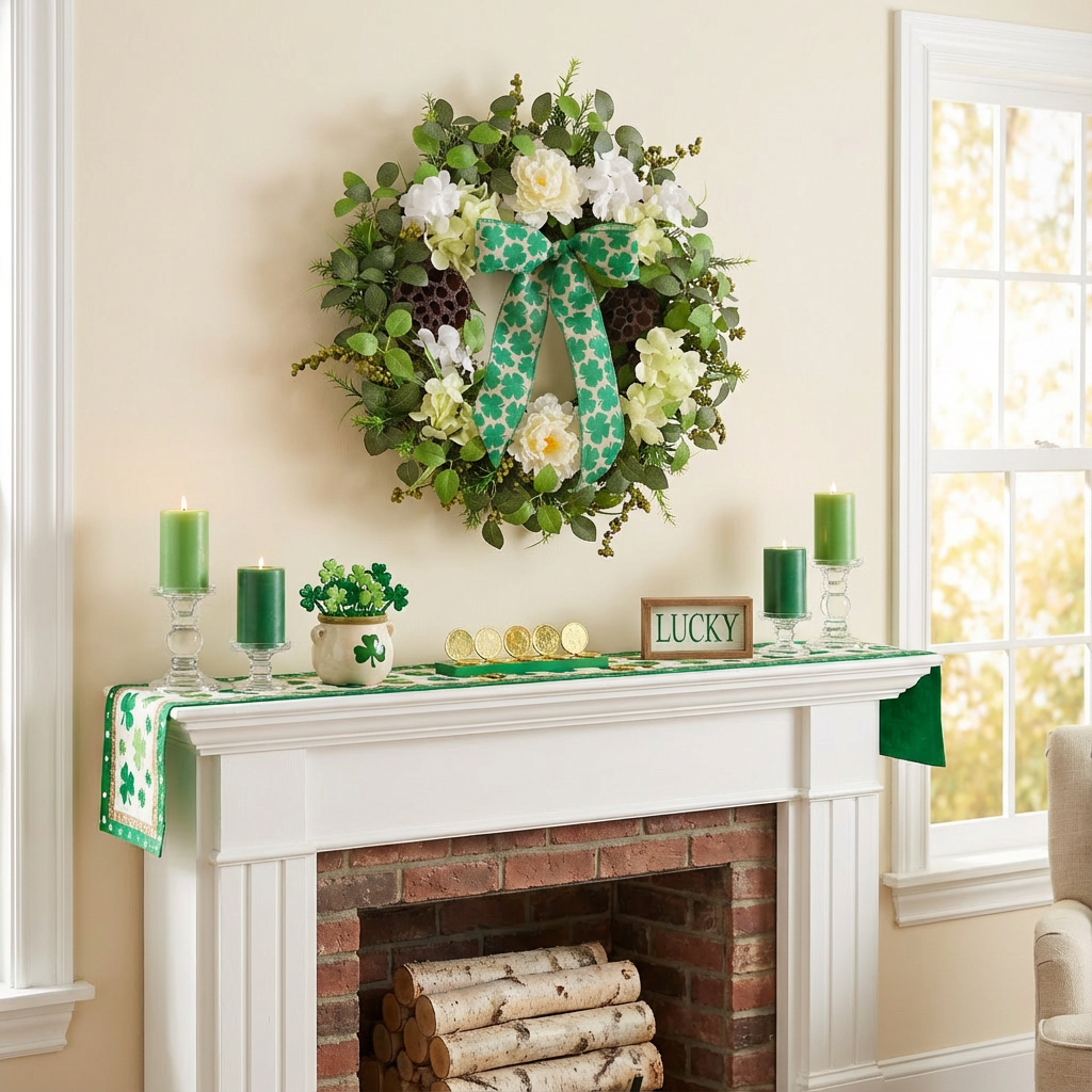 EGOLOT St Patrick's Day Wreath 22 Inch Handmade Wreath with White Flowers Green Leaves and Berries Festive St Patrick's Day Decoration Front Door Hanging Wreath Home Party Holiday Decor Handcrafted Floral Wreath