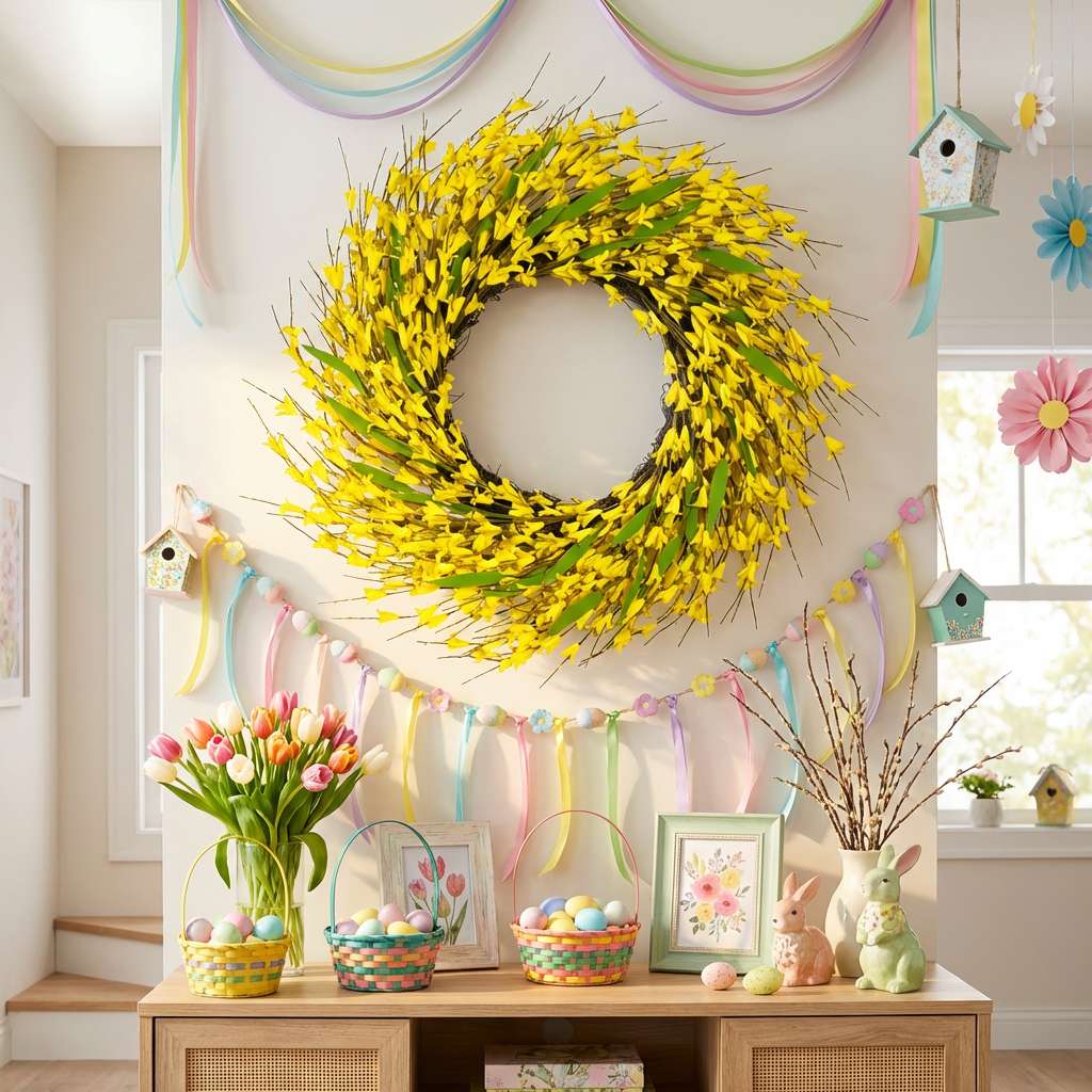 Spring Front Door Wreath Handmade Greenery Floral Wreath Multi Size All Season Wreath Indoor Outdoor Decor for Door Fireplace Wall Window Home Decoration