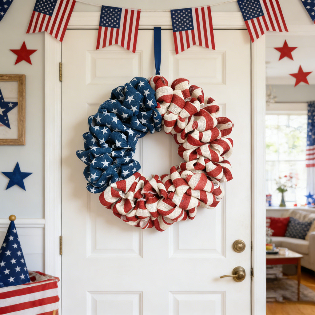 Egolot 20Inch Patriotic Burlap Wreath 4th of July Memorial Day Handcrafted Stripe and Stars American Flag Printed Summer Front Door Home Decoration Indoor Outdoor