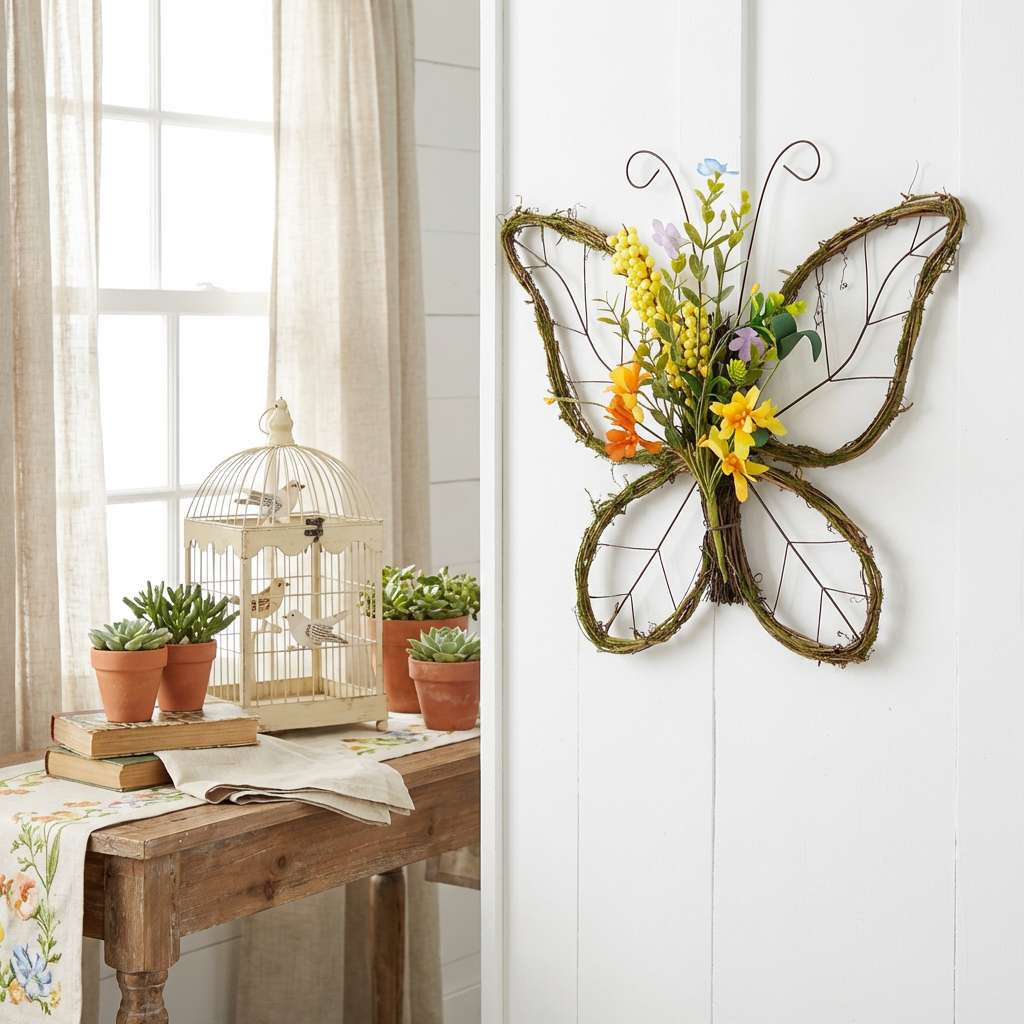 Handmade Butterfly Shaped Wreath with Pastel Berries & Floral Spring Artificial Wreaths for Front Door Decor 16.5x13.4x3.2 inches