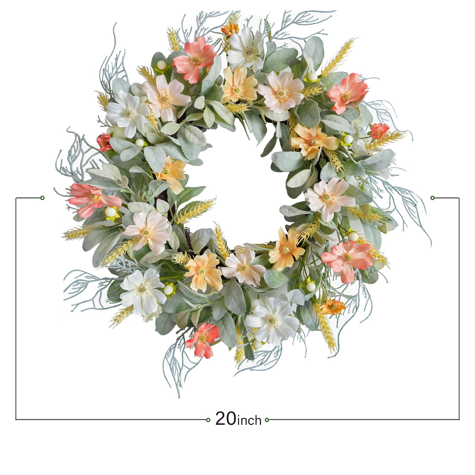 20 Inch Daisy Flowers Lamb Ears Leaves Wreath for Front Door, Summer Flower Wreath with Wheat for Indoor and Outdoor, Floral Wreath for Home Decor
