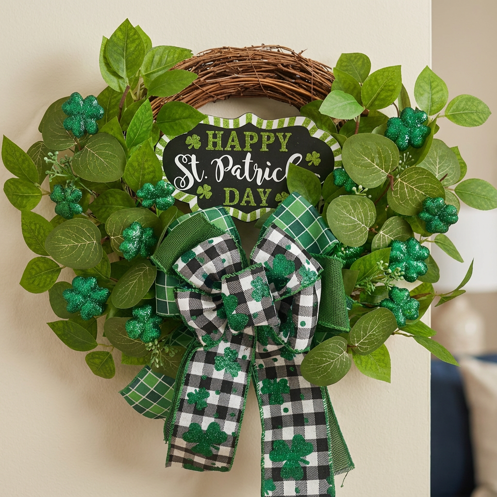 Egolot St Patrick's Day Green Bowknot Wreath 22 Inches Diameter Front Door Wall Hanging Home Decor Indoor Outdoor Festive Wooden Plaque Ornament St.Patrick’s  Decoration