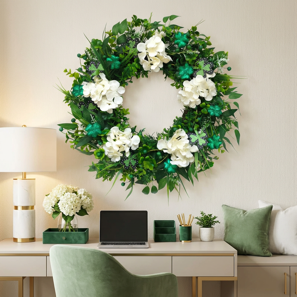 St Patrick's Day Hydrangea Wreath with Shamrock Accents Green Leaves for Front Door Indoor Outdoor Decor Festive Irish Holiday Wreath for St Patrick's Day Celebrations