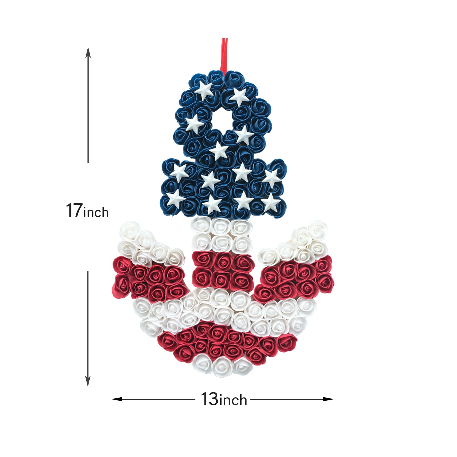 17 Inch Patriotic Red White Blue Anchor Soft Touch Roses Wreath for Front Door, Forth of July American Flag Color Soft Touch Floral Wreath for Indoor and Outdoor, Memorial Day Independence Day Wreath