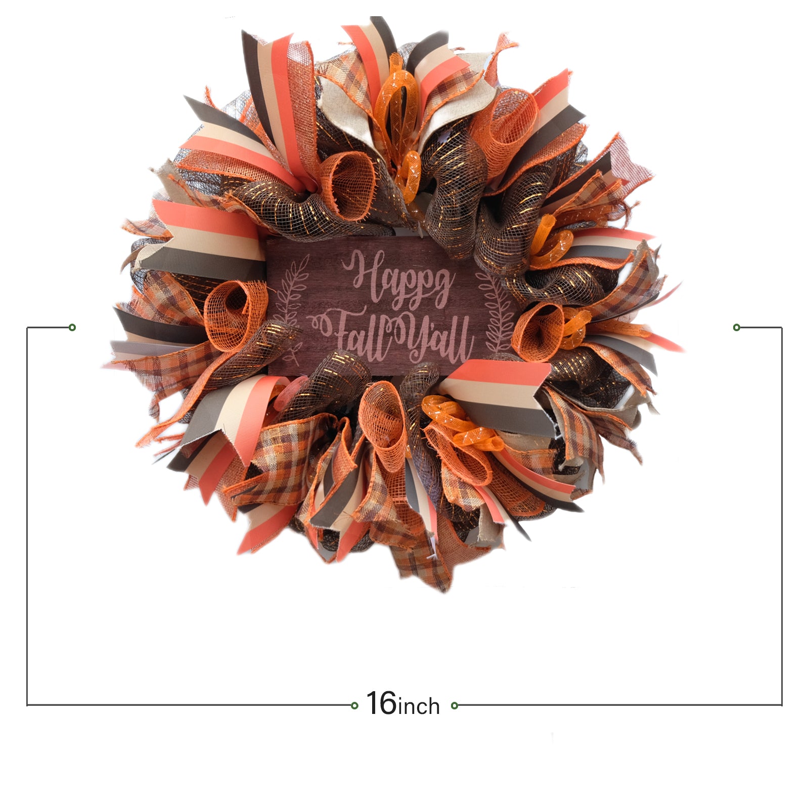 16 Inch Fall Mesh Deco Wreath for Front Door, Happy Fall Wood Sign Ribbon Wreath for Indoor and Outdoor Use, Harvest and Thanksgiving Day Orange Wreath for Home Decor
