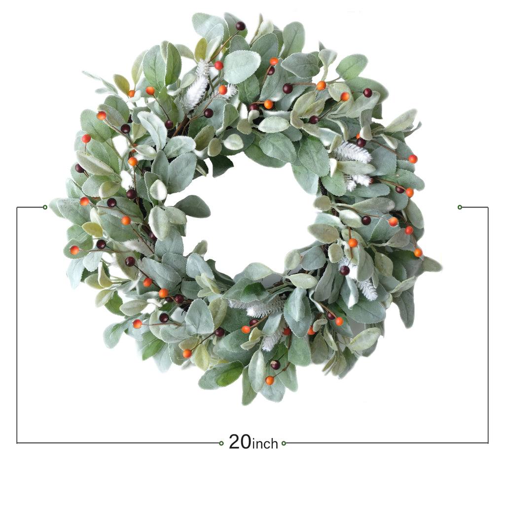 20 Inch Green Lamb Ear Leaves Wreath with Cute Orange Pip Berries for Front Door, All The Year Round and Fall Leaves Wreath for Indoor and Outdoor