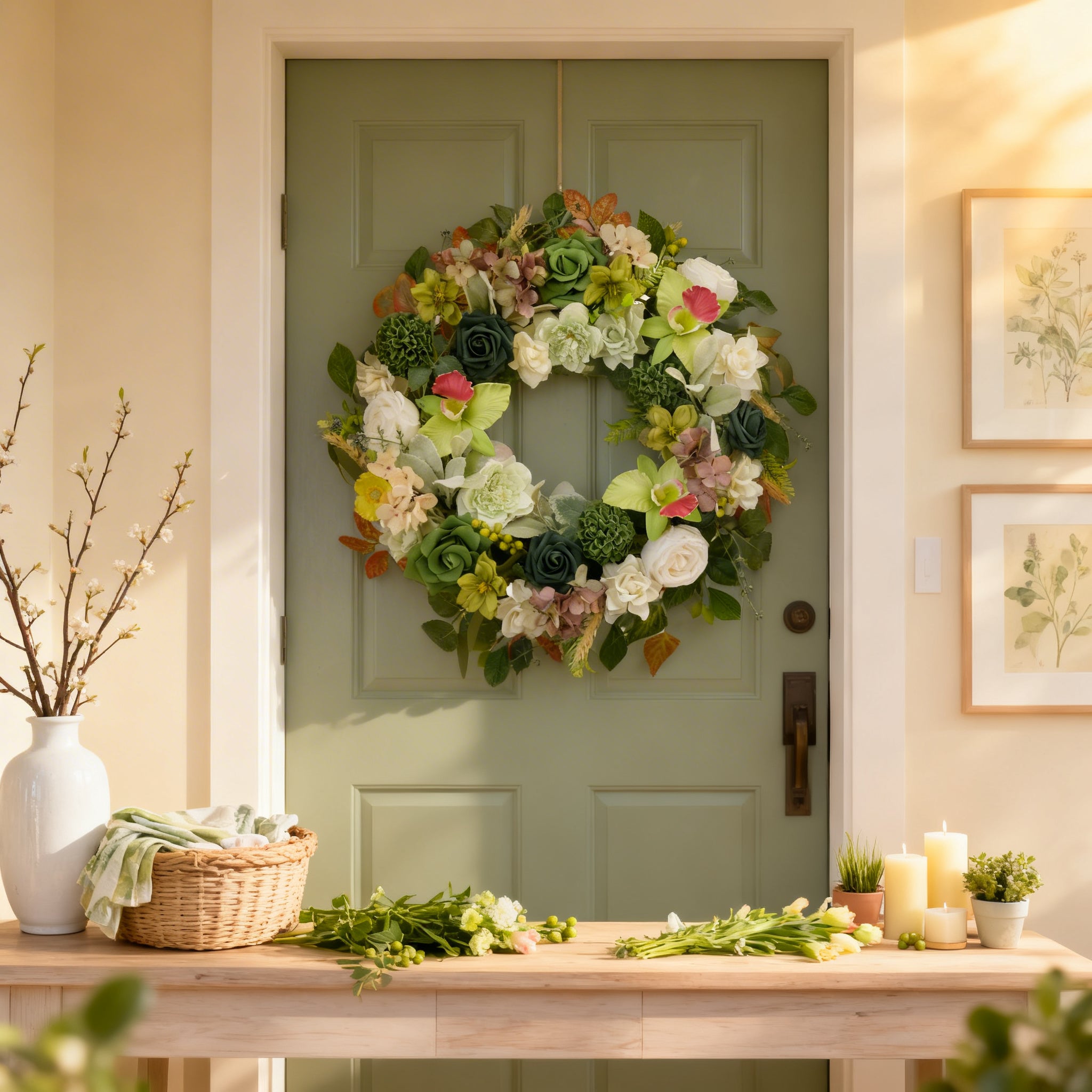 Egolot 22 Inch Green Orchid Spring Everyday Wreath for Front Door Indoor Outdoor Rustic Farmhouse Style Artificial Flowers and Foliage Decor Decoration peony