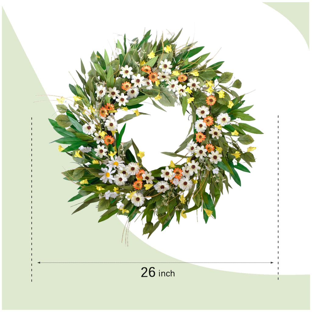 Egolot 24 Inch Greenery Wreath Eucalyptus Olive Leaves All Year Round Front Door Wall Home Decor with Vibrant Spring & Summer Floral Accents