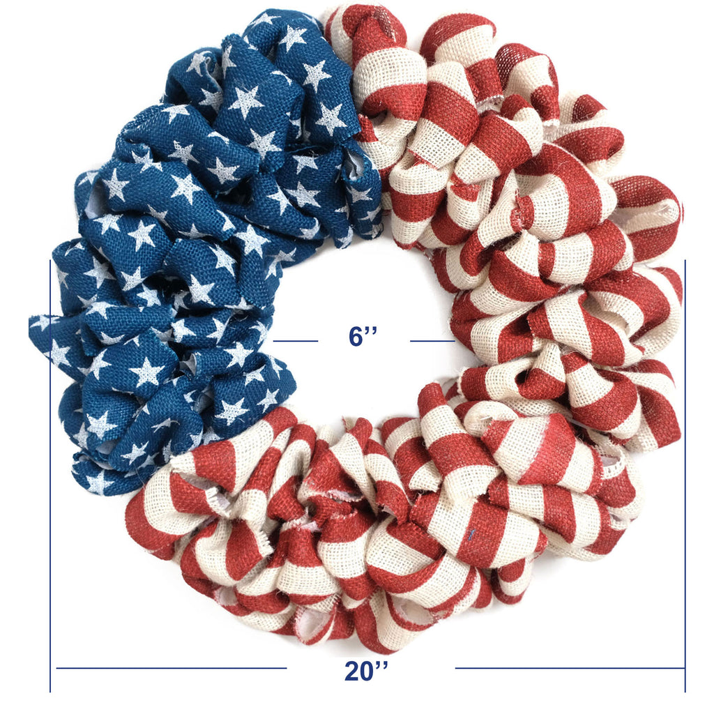 Egolot 20Inch Patriotic Burlap Wreath 4th of July Memorial Day Handcrafted Stripe and Stars American Flag Printed Summer Front Door Home Decoration Indoor Outdoor