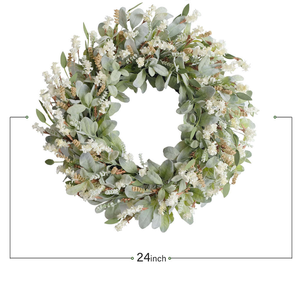 24 Inch Summer Spring Ivory Flowers Wreath for Front Door, Everyday Lamb Ears Leaves Wreath with White Artificial Flower for Indoor and Outdoor, Rustic and Farmhouse Greenery Flower Wreath