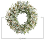 24 Inch Summer Spring Ivory Flowers Wreath for Front Door, Everyday Lamb Ears Leaves Wreath with White Artificial Flower for Indoor and Outdoor, Rustic and Farmhouse Greenery Flower Wreath