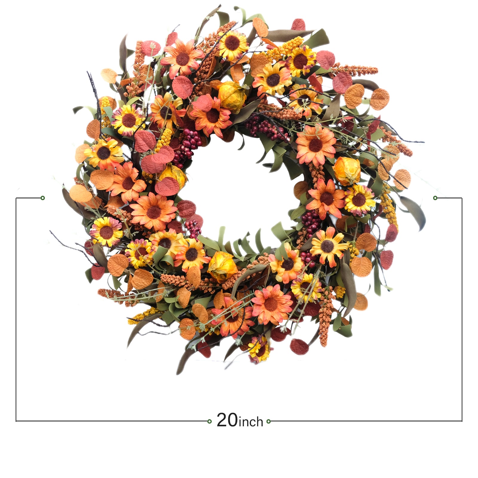 20Inch Fall Daisy Flower Wreath with Berries for Front Door, Harvest Artificial Flower Wreath with Soft Touch Leaves for Indoor and Outdoor Home Decor, Autumn Flower Wreath for Home Decor