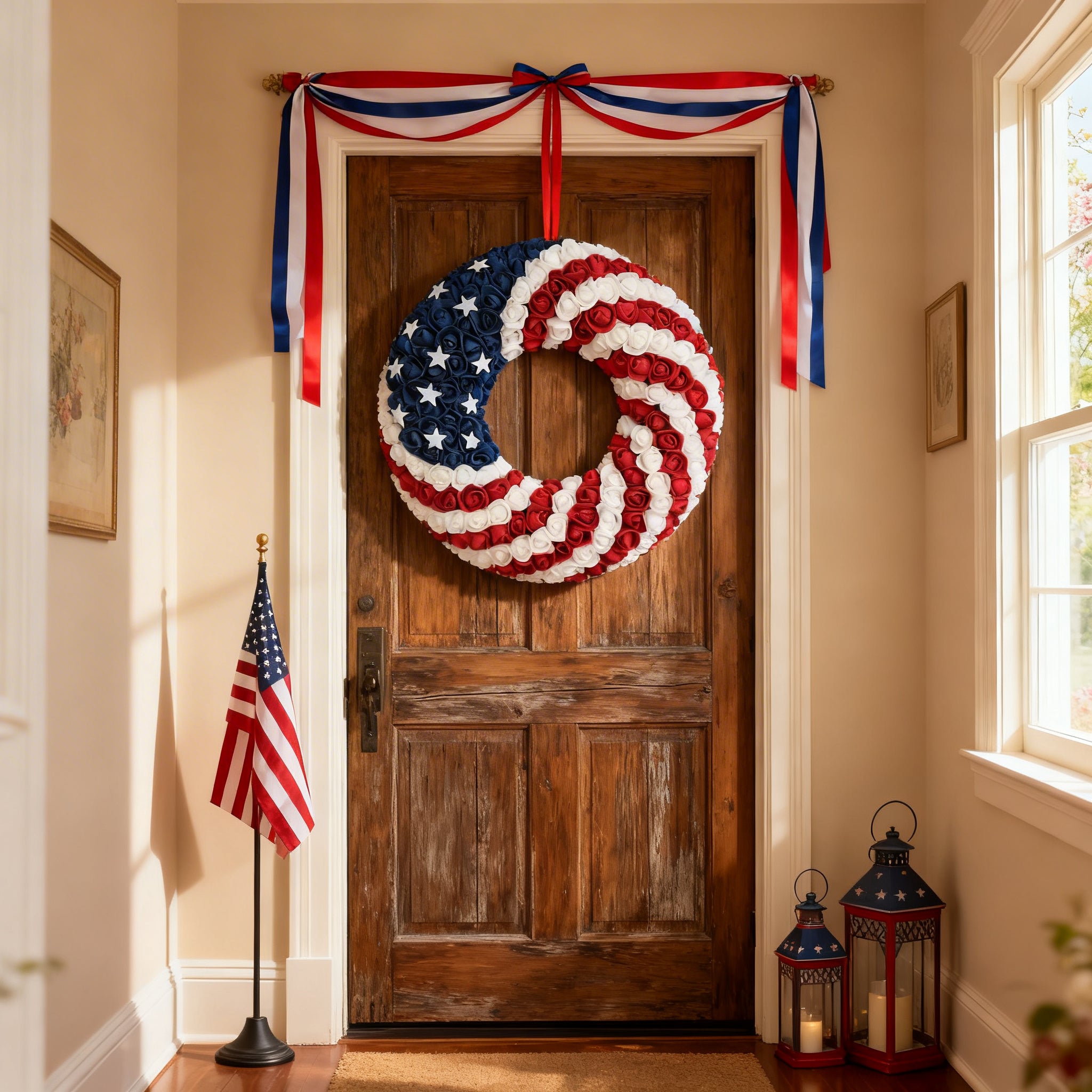 EGOLOT 18Inch Patriotic Roses Wreath 4th of July Summer Soft Touch Foam Roses Wreath for The Front Door Handcrafted Memorial Day Artificial Flowers for Indoor and Outdoor