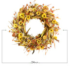24Inch Fall Yellow Daisy Flower Eucalyptus Leaves Wreath for Front Door, Autumn Yellow Flower Wreath with Grain Picks and Wild Flowers for Indoor and Outdoor