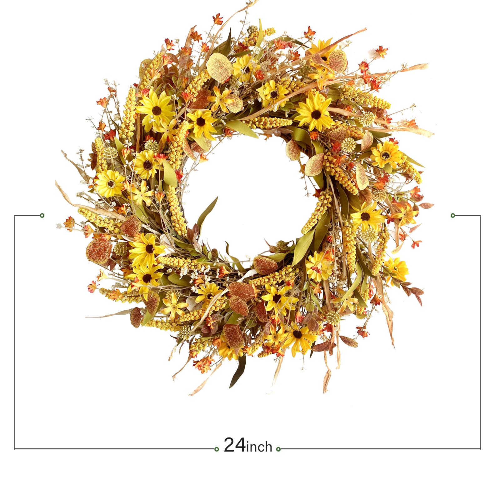 24Inch Fall Yellow Daisy Flower Eucalyptus Leaves Wreath for Front Door, Autumn Yellow Flower Wreath with Grain Picks and Wild Flowers for Indoor and Outdoor