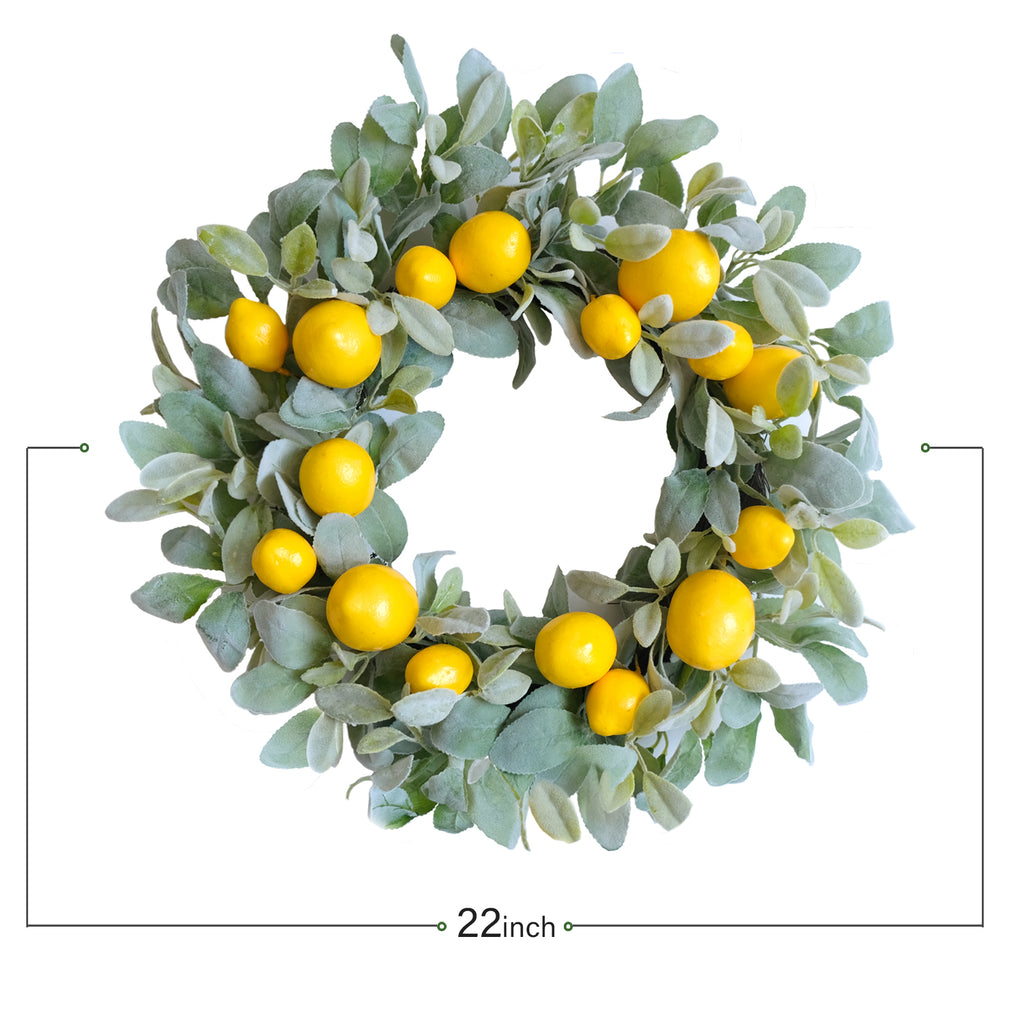 22 Inch Yellow Lemon Spring Summer Wreath for Front Door, Lamb Ears Leaves with Artificial Lemon Door Wreath, Green Leaves Lemon Wreath for Indoor and Outdoor