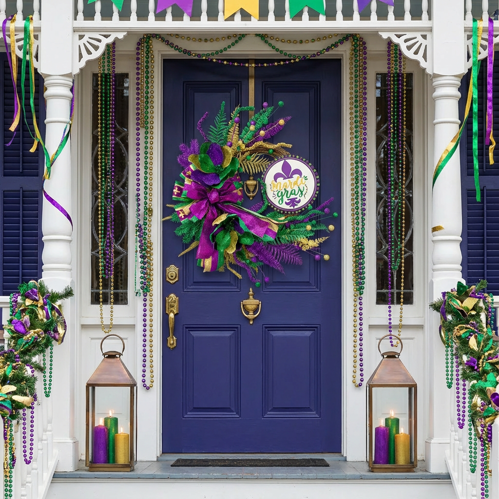 EGOLOT Mardi Gras Wreath Front Door Interior Decor Large Bows Round Wooden Board Carnival Home Decoration Festival Hanging Ornament Indoor Outdoor Decorative Wreath Carnival Party Decor Festive Door Hanging Wreath