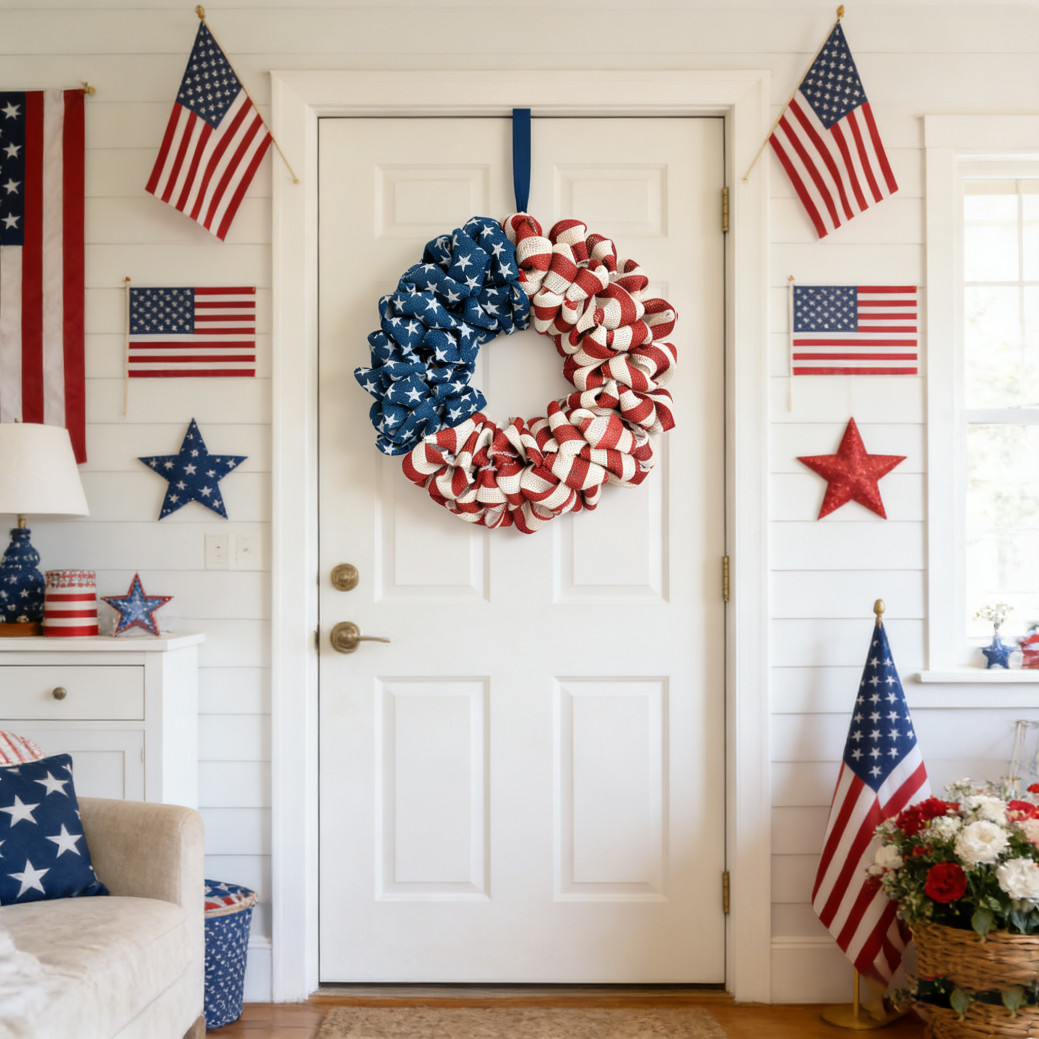 Egolot 20Inch Patriotic Burlap Wreath 4th of July Memorial Day Handcrafted Stripe and Stars American Flag Printed Summer Front Door Home Decoration Indoor Outdoor