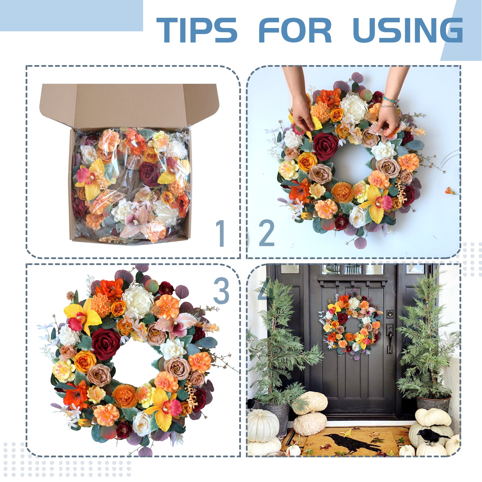 Egolot Fall Wreath for Front Door, Red orange  Flower Wreath for Front Door Wall Window Decor