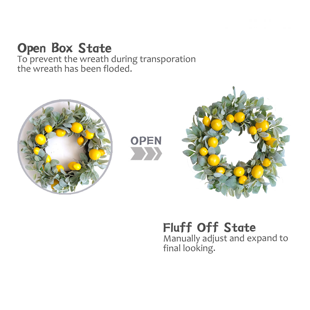 22 Inch Yellow Lemon Spring Summer Wreath for Front Door, Lamb Ears Leaves with Artificial Lemon Door Wreath, Green Leaves Lemon Wreath for Indoor and Outdoor