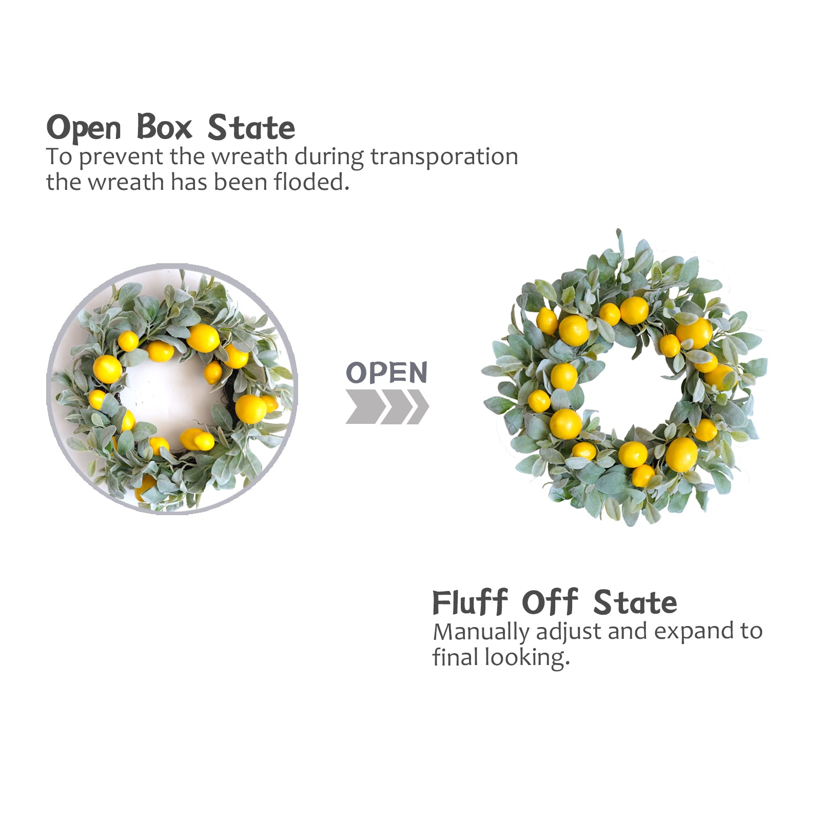 22 Inch Yellow Lemon Spring Summer Wreath for Front Door, Lamb Ears Leaves with Artificial Lemon Door Wreath, Green Leaves Lemon Wreath for Indoor and Outdoor