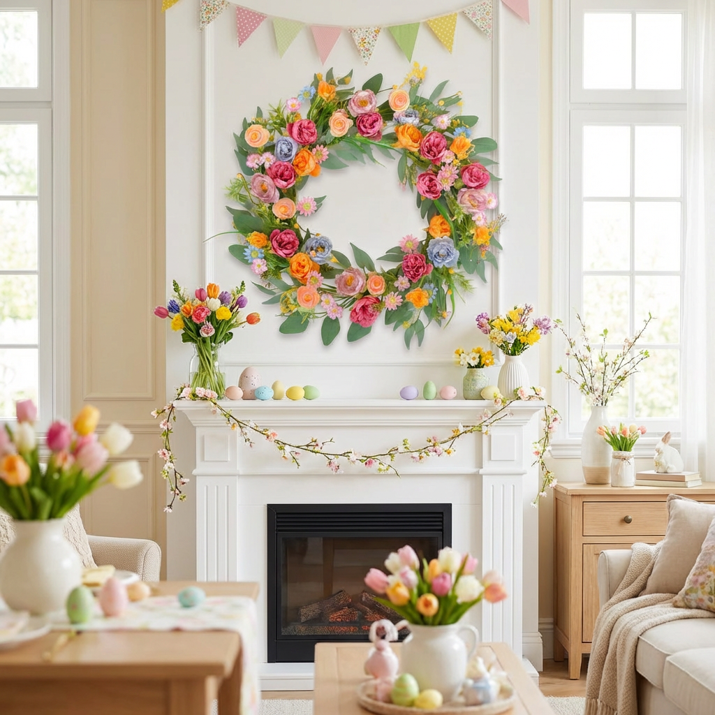 Egolot 22 Inch Spring Summer Penoy Wreath for Front Door Colorful Wildflowers Floral Eucalyptus Wreath for Indoor Outdoor All Seasons Everyday Wreaths for Front Door Outside