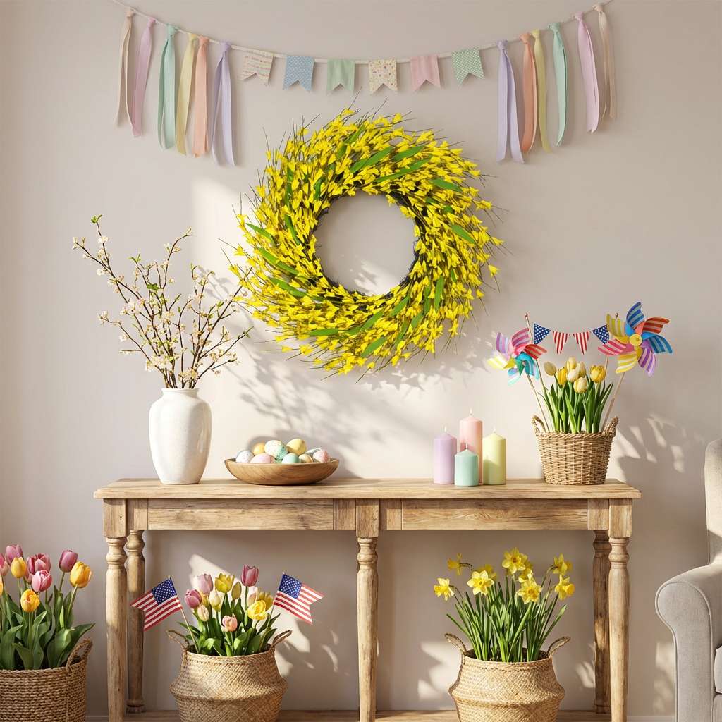 Spring Front Door Wreath Handmade Greenery Floral Wreath Multi Size All Season Wreath Indoor Outdoor Decor for Door Fireplace Wall Window Home Decoration