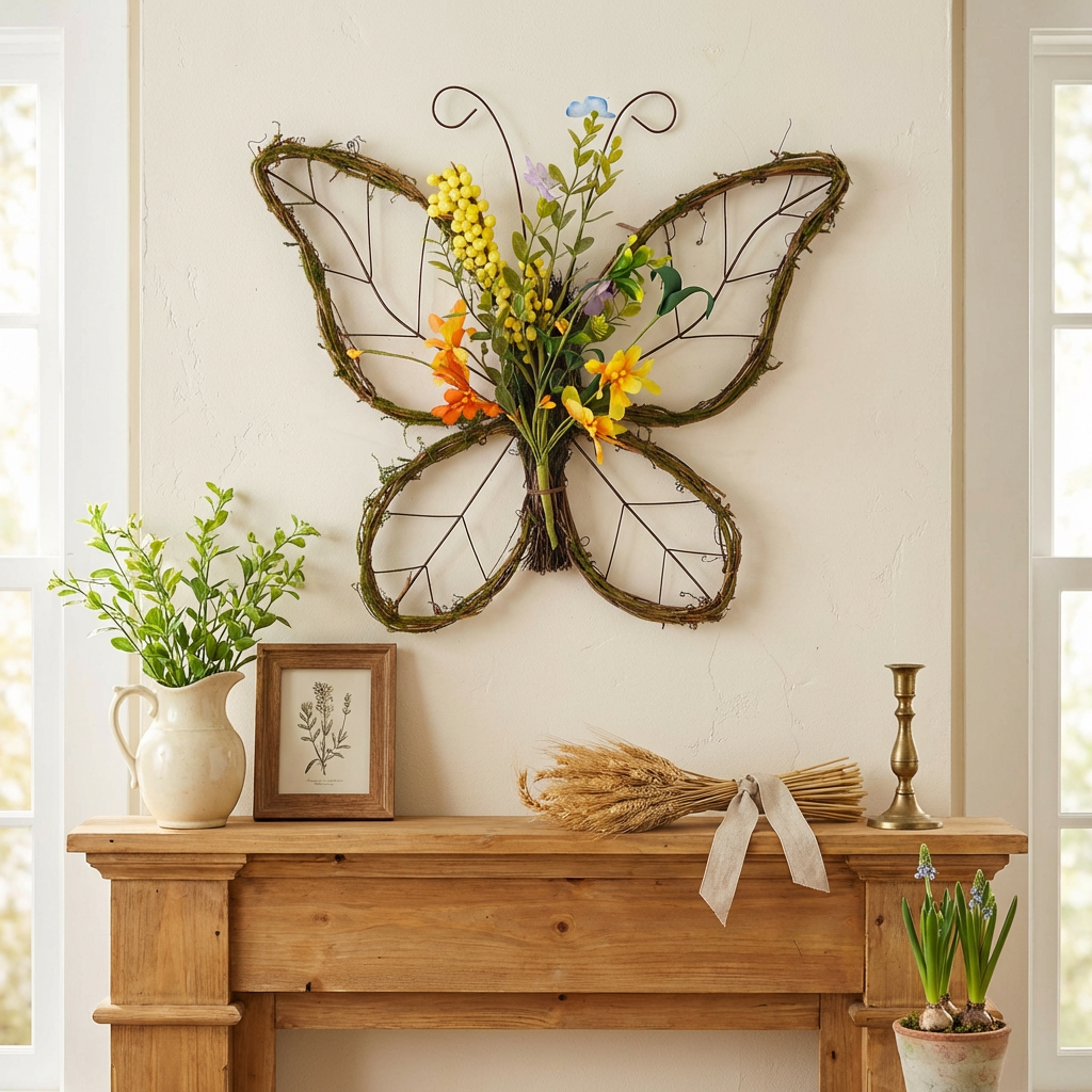 Handmade Butterfly Shaped Wreath with Pastel Berries & Floral Spring Artificial Wreaths for Front Door Decor 16.5x13.4x3.2 inches