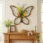 Handmade Butterfly Shaped Wreath with Pastel Berries & Floral Spring Artificial Wreaths for Front Door Decor 16.5x13.4x3.2 inches