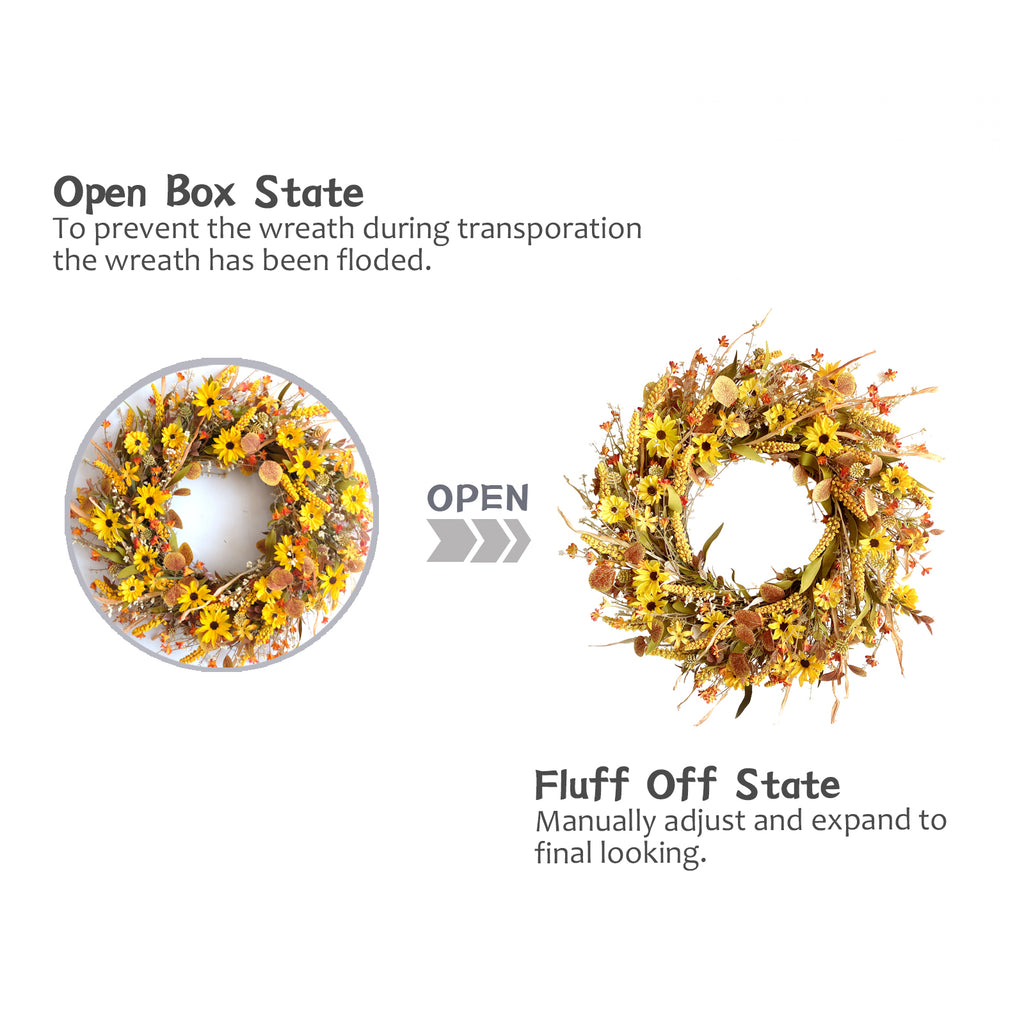 24Inch Fall Yellow Daisy Flower Eucalyptus Leaves Wreath for Front Door, Autumn Yellow Flower Wreath with Grain Picks and Wild Flowers for Indoor and Outdoor