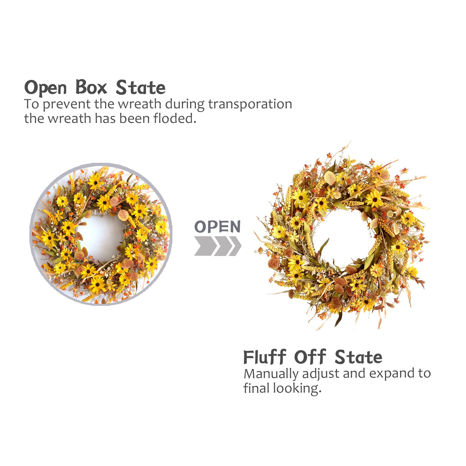 24Inch Fall Yellow Daisy Flower Eucalyptus Leaves Wreath for Front Door, Autumn Yellow Flower Wreath with Grain Picks and Wild Flowers for Indoor and Outdoor