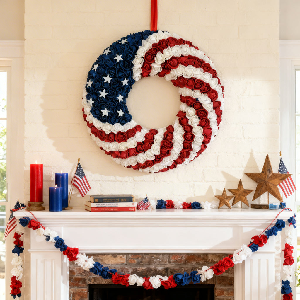 EGOLOT 18Inch Patriotic Roses Wreath 4th of July Summer Soft Touch Foam Roses Wreath for The Front Door Handcrafted Memorial Day Artificial Flowers for Indoor and Outdoor