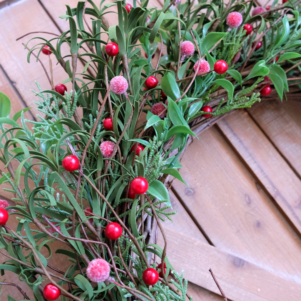 Egolot 24 Inch Winter and Christmas Green and Red Berry Wreath for Front Door and Home Decor