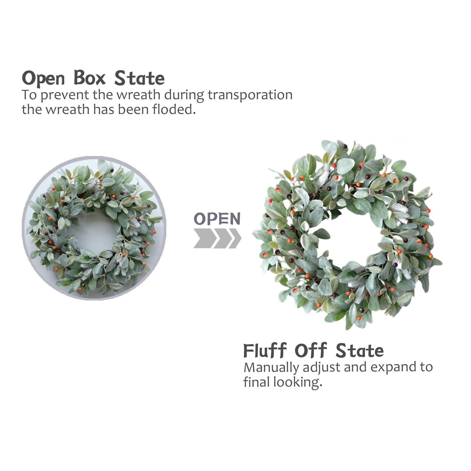 20 Inch Green Lamb Ear Leaves Wreath with Cute Orange Pip Berries for Front Door, All The Year Round and Fall Leaves Wreath for Indoor and Outdoor