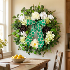 EGOLOT St Patrick's Day Wreath 22 Inch Handmade Wreath with White Flowers Green Leaves and Berries Festive St Patrick's Day Decoration Front Door Hanging Wreath Home Party Holiday Decor Handcrafted Floral Wreath