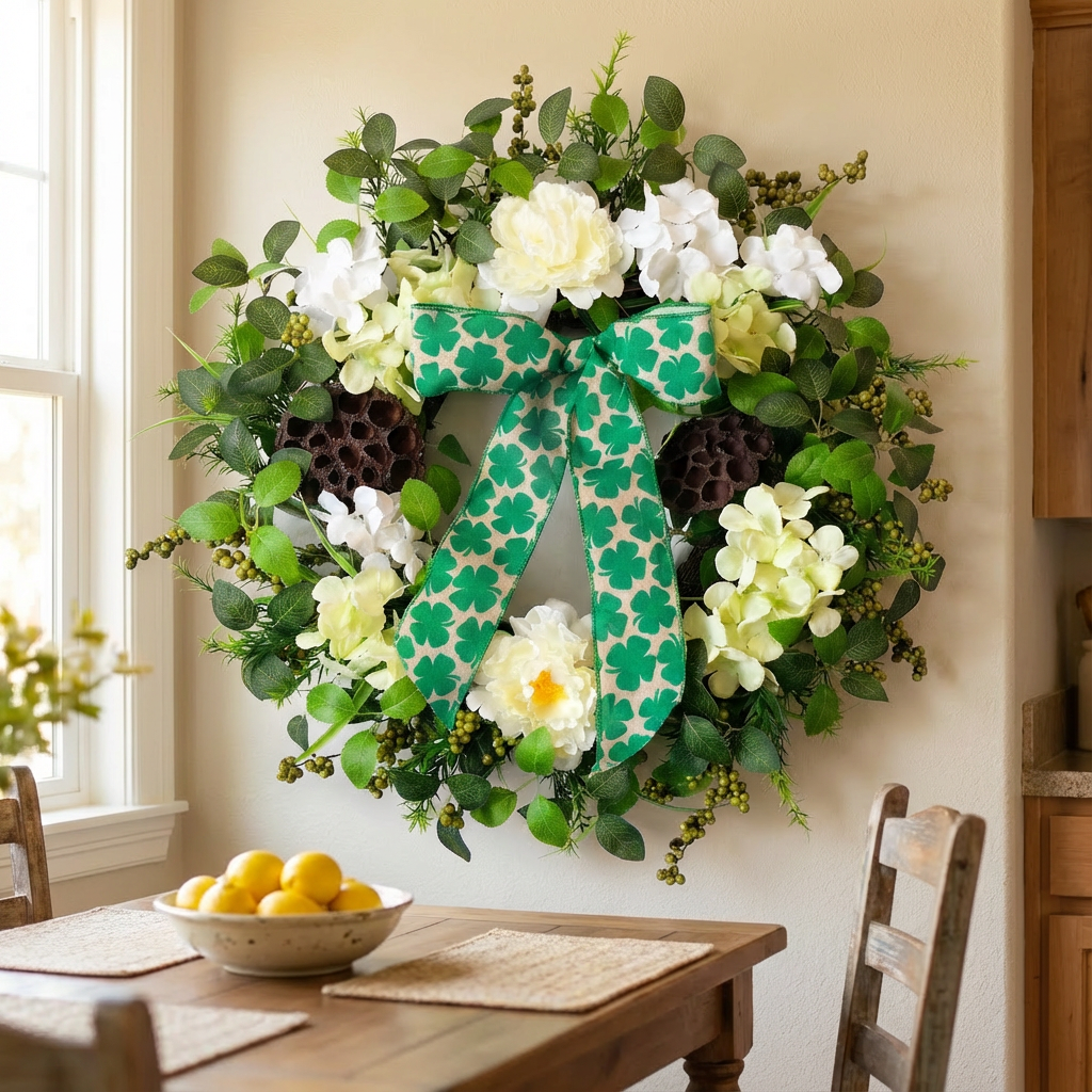 EGOLOT St Patrick's Day Wreath 22 Inch Handmade Wreath with White Flowers Green Leaves and Berries Festive St Patrick's Day Decoration Front Door Hanging Wreath Home Party Holiday Decor Handcrafted Floral Wreath