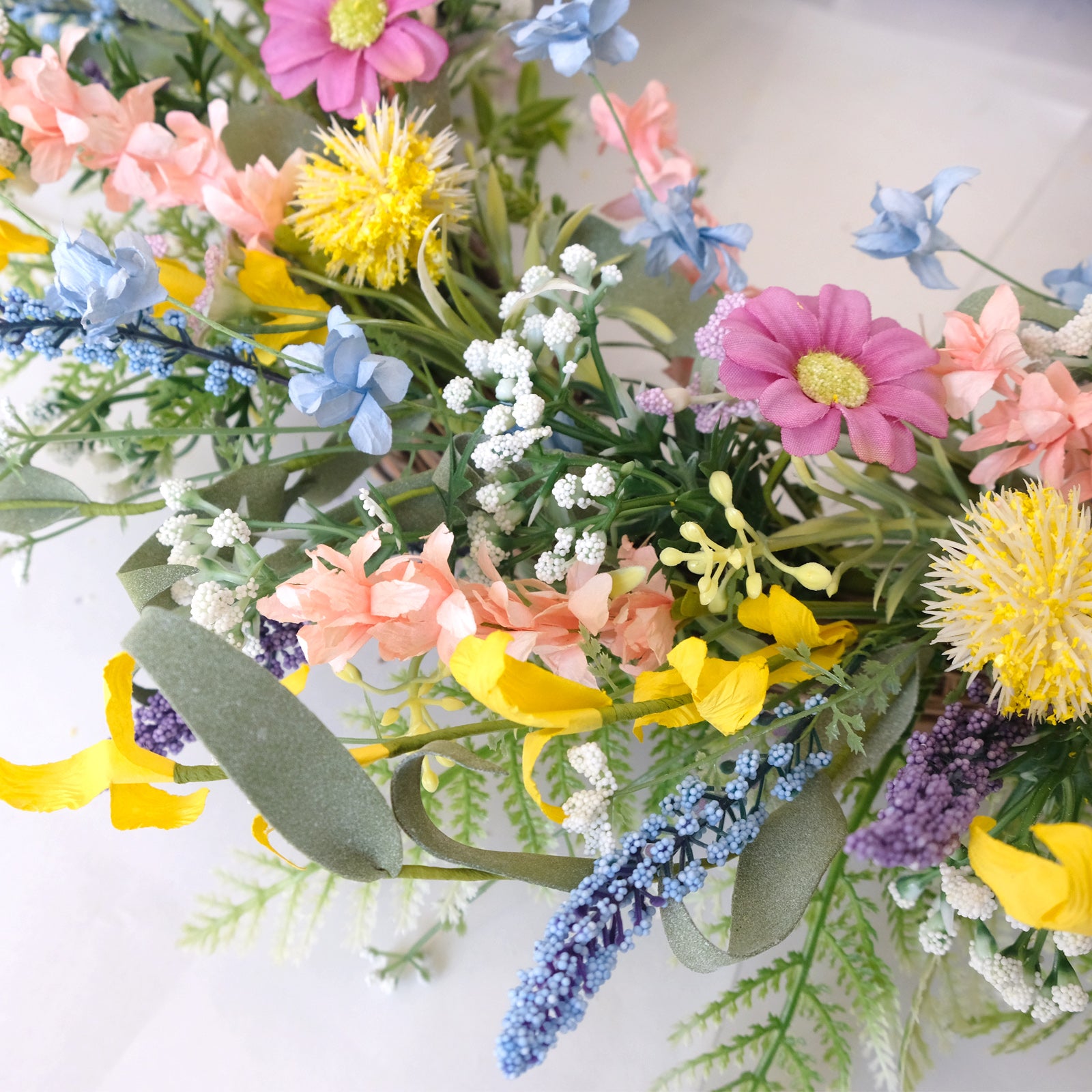 24 Inch Spring Summer Colorful Flower Wreath for Front Door, Forsythia Lavender Wild Flowers Wreath for Home Decor, Colorful Wild Flowers with Green Leaves Wreath for Everyday